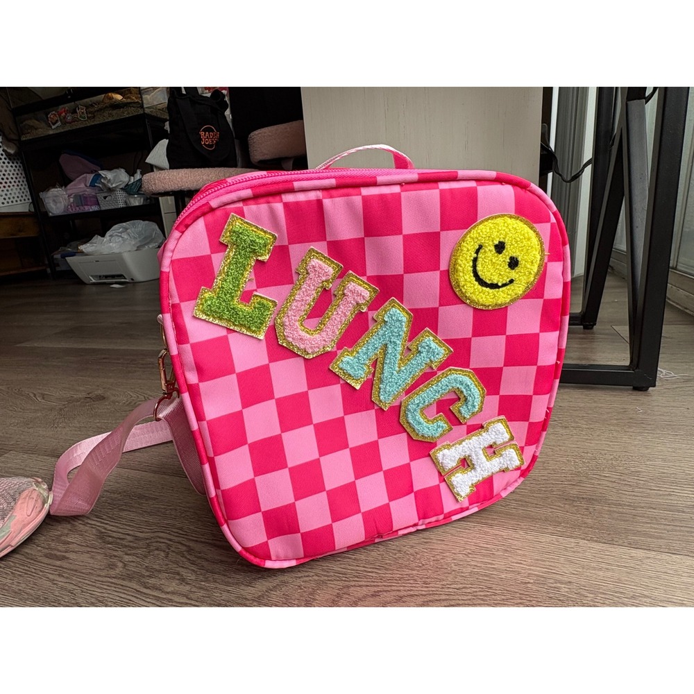 Pink Checkered Insulated Lunch Bag Chenille Patch Adjustable Strap